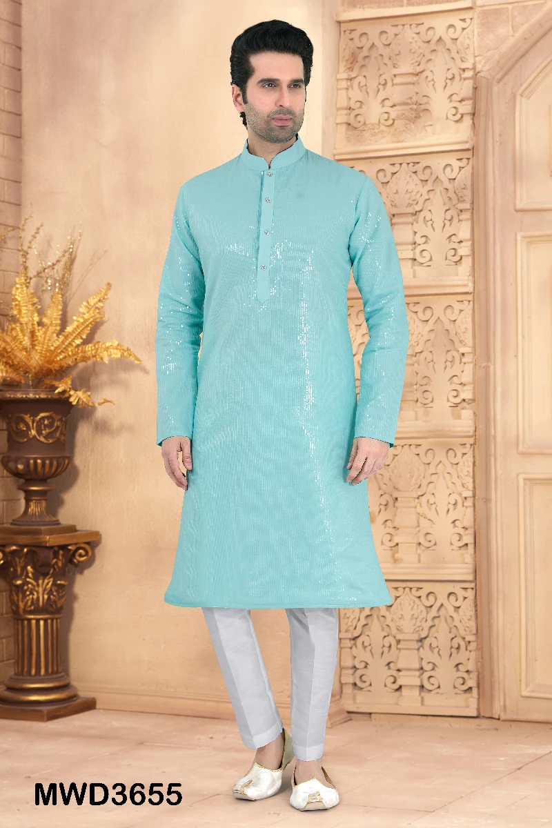 Blue Readymade Sequined Kurta Pyjama, 36-1.webp